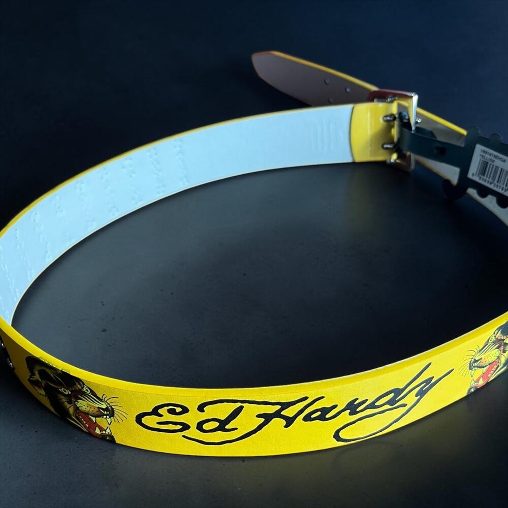 Ed Hardy Yellow Panther Graphic Studded Belt Mens Size 34 Y2K Tattoo Style